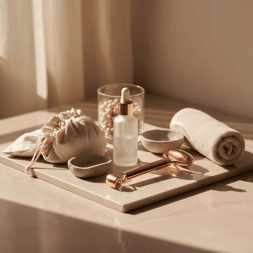 Présentation élégante du produit Luxefinds avec palette minimaliste