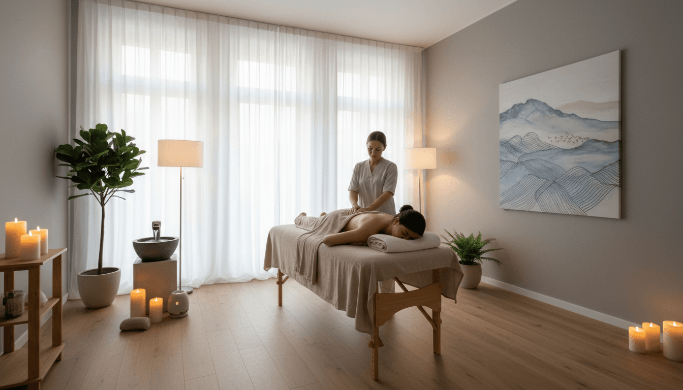 Client utilisant le massageur de luxe Luxefinds dans un environnement zen et apaisé