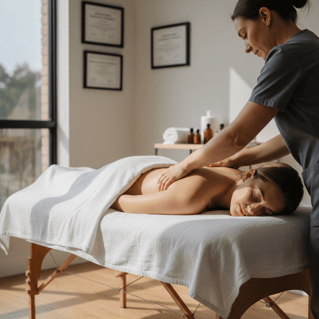 Cliente utilisant le masseur de cou à domicile dans un environnement calme