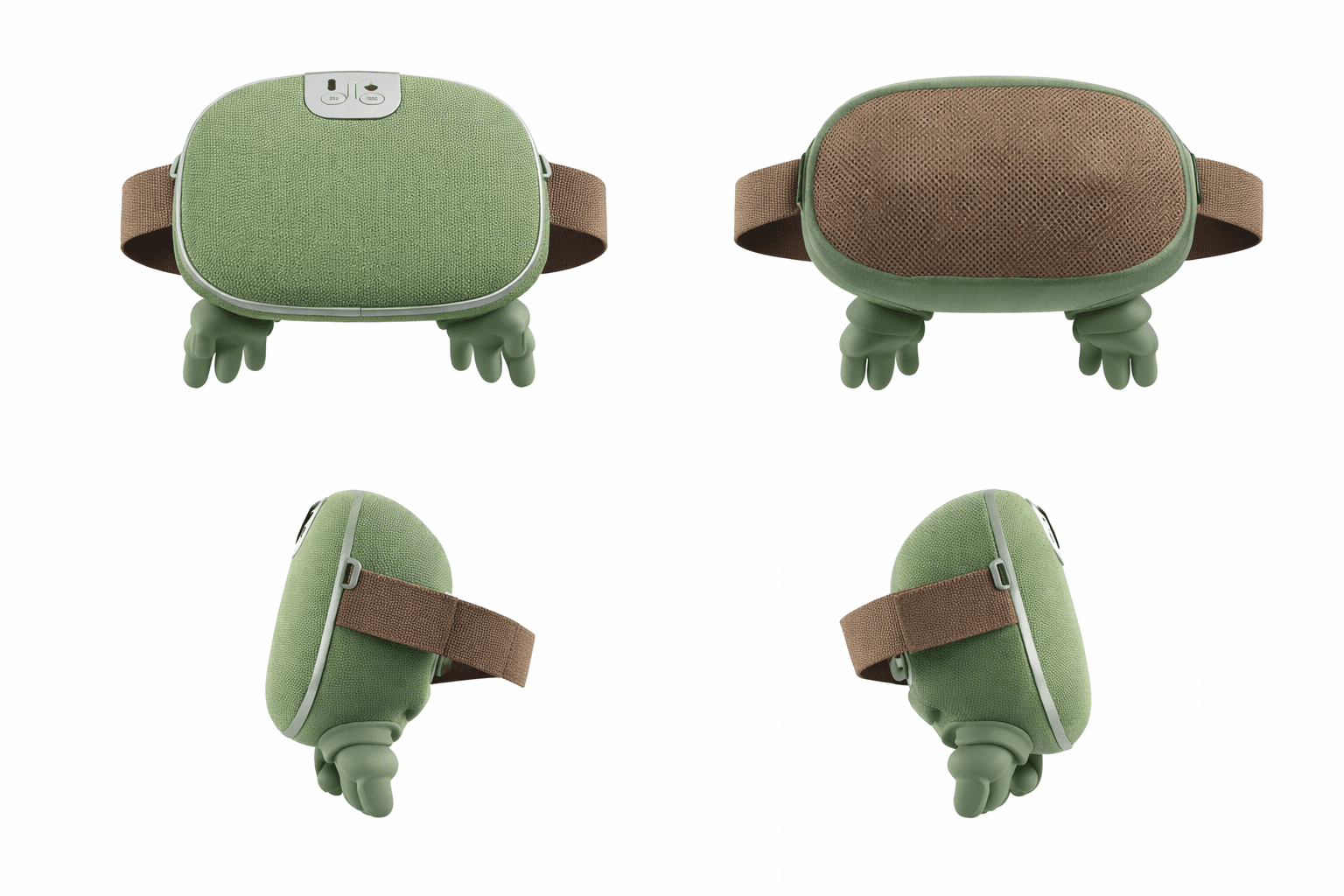 Masseur vert en forme de tortue avec sangle marron, montré sous quatre angles différents.