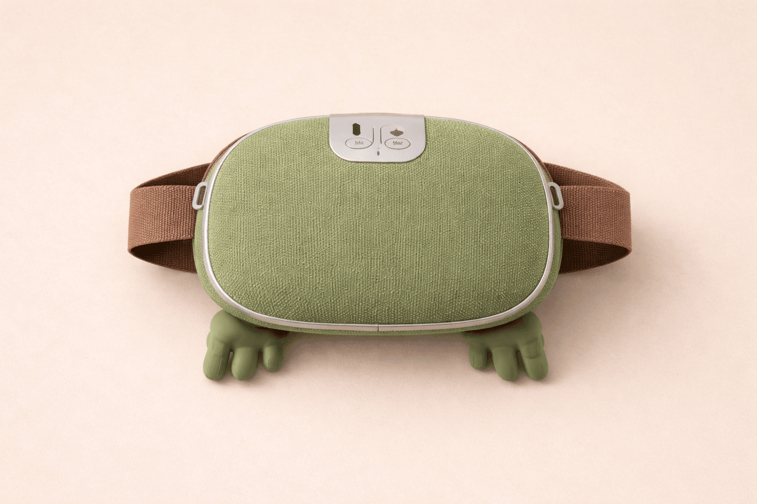 Appareil de massage abdominal vert texturé avec sangle marron et petites pattes en bas.