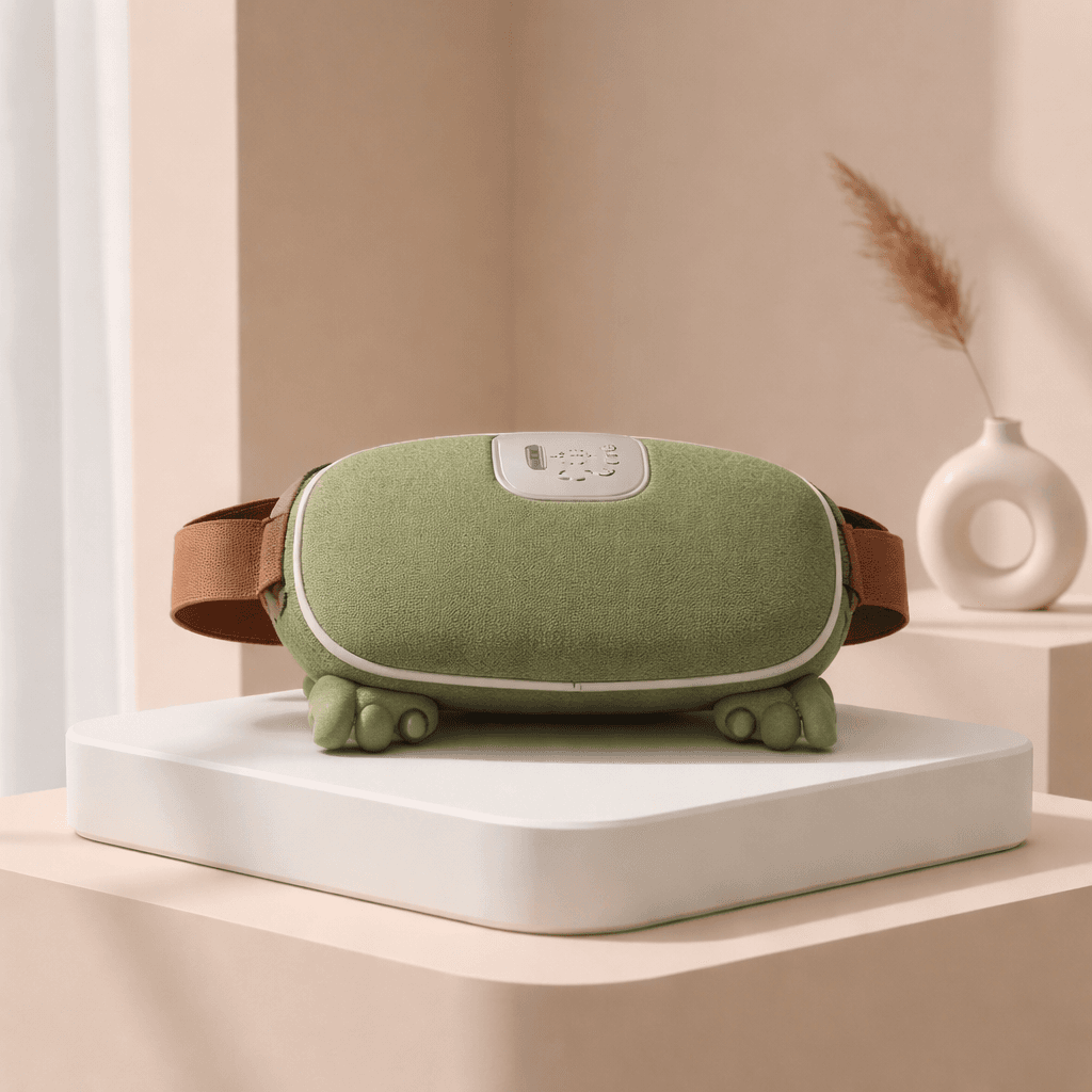 Ceinture chauffante verte texturée avec sangle marron sur un socle blanc dans un décor minimaliste.
