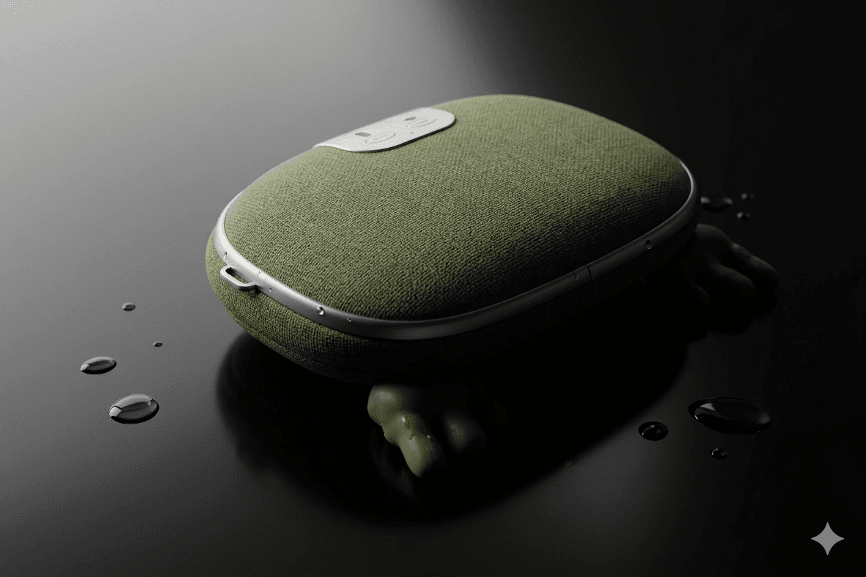 Appareil électronique vert en tissu, forme de tortue, sur surface sombre avec des gouttes d'eau.