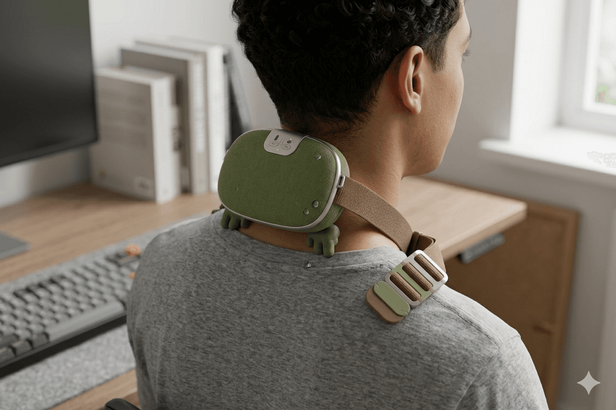 Homme portant un appareil vert en forme de grenouille sur sa nuque devant son bureau.