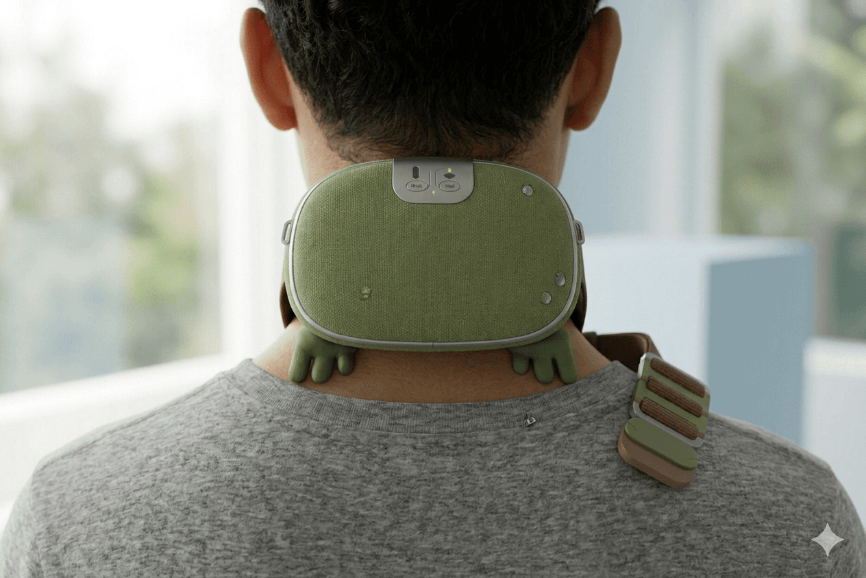 Masseur cervical vert en forme de grenouille sur la nuque d'un homme de dos.